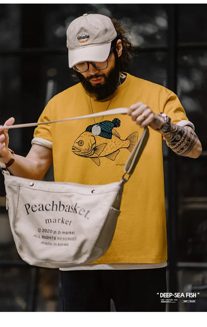 Deep-Sea Fish Printed T-shirt for Men Cotton O-Neck Short Sleeve T Shirts Creative Animal Pattern Tees Summer Casual Tops