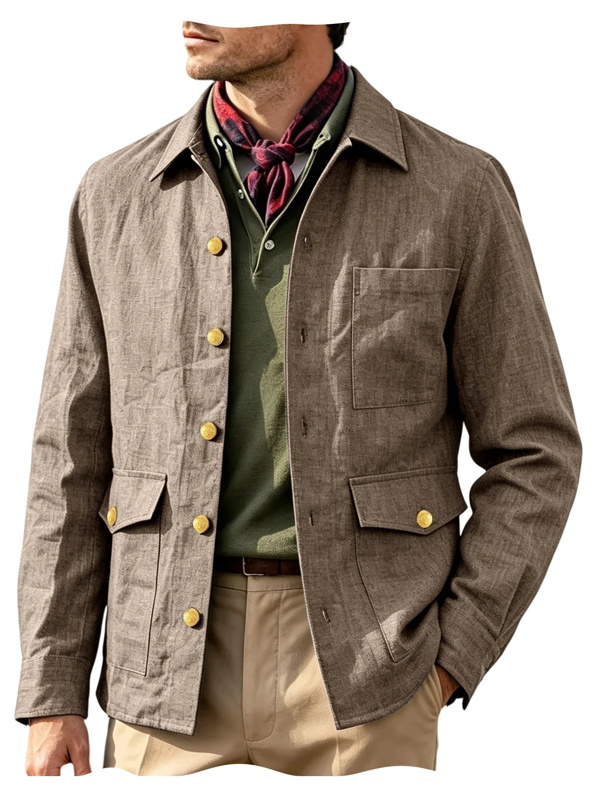 Vintage Men's Linen Jacket Lapel Collar Gold Button Casual Slim Fit Coat Lightweight Breathable for Formal Daily Office Wear