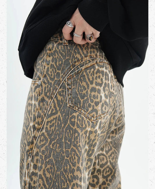 Vintage Leopard Print Jeans Women Spring Oversize Casual Hip Pop Wide Leg Trouser Trend High Waist Panther Denim Pants Ladies