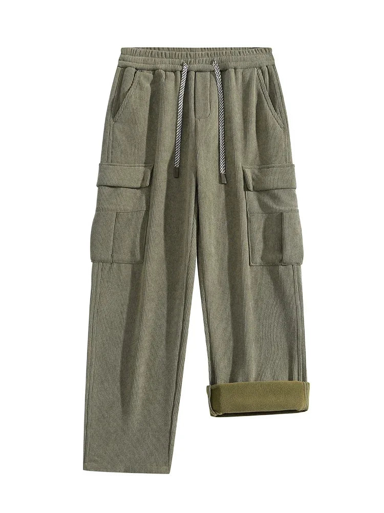 2026 New in Winter Corduroy Pants Men Straight Wide Leg Cargo Trouser Male Elastic Waist Loose Fit Thick Brown Warm Fleece Plush