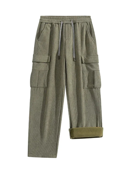 2026 New in Winter Corduroy Pants Men Straight Wide Leg Cargo Trouser Male Elastic Waist Loose Fit Thick Brown Warm Fleece Plush