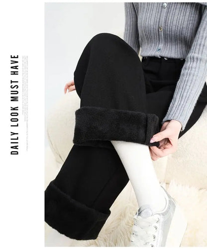 Winter Thick Warm Womens High Waist Jeans Fleece Lined Loose Fit Wide Leg Trousers Korean Style Stretchy Adjustable Waist  Jeans