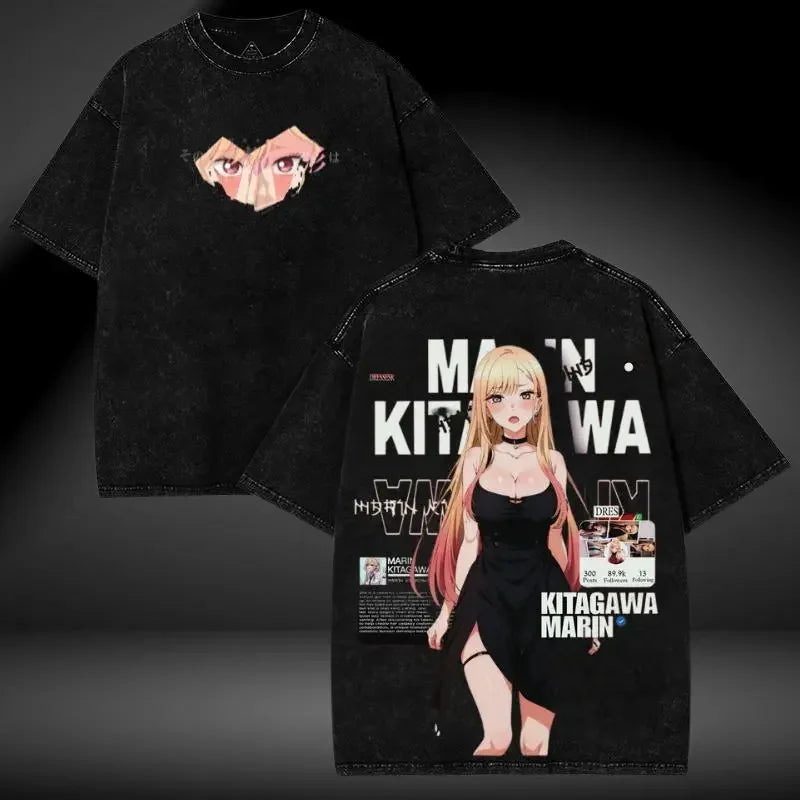 My Dress-Up Darling Kitagawa Marin Kawaii Graphic Print T-shirt Men Women Retro Washed O-neck Cotton Tee Oversize Summer New Top