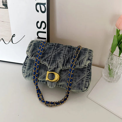 Hong Kong Style Retro Distressed Denim Armpit Bag for Women 2025 Summer New Fashion Versatile Commuter Shoulder Bag Chain Mobile Phone Bag Daily Work to School Class Lipstick Tissue