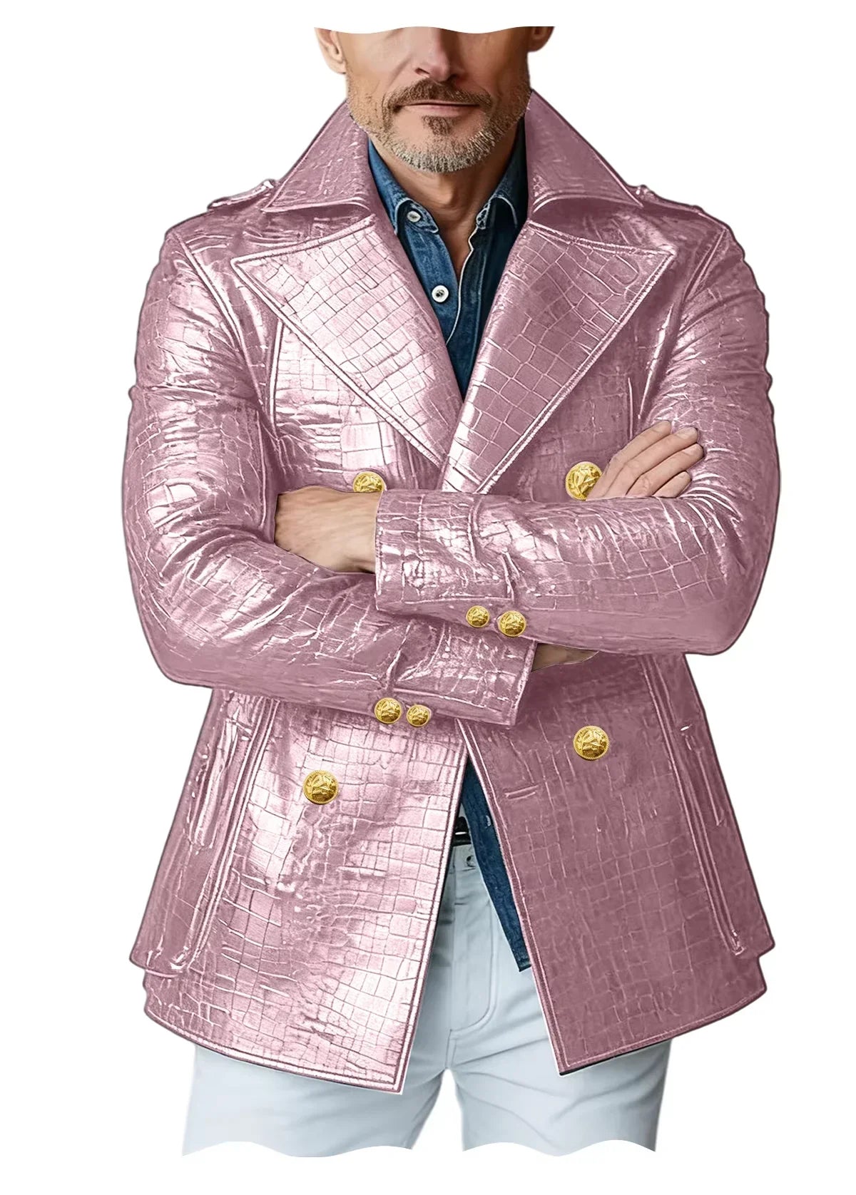 Men's Crocodile Embossed Leather Peacoat Double Breasted Gold Button Jacket Luxury Casual Overcoat