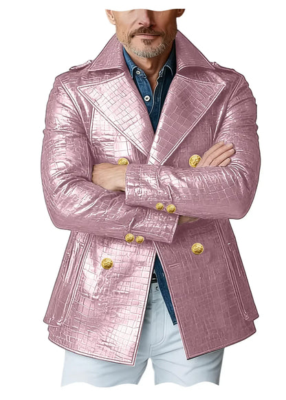 Men's Crocodile Embossed Leather Peacoat Double Breasted Gold Button Jacket Luxury Casual Overcoat