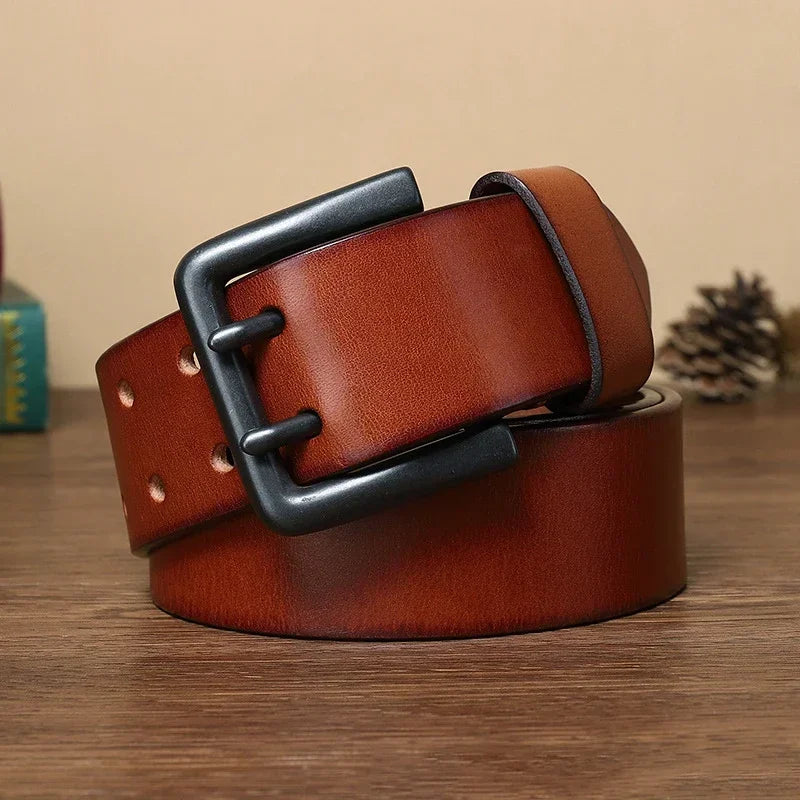 105-125cm Men's Retro Genuine Cowskin Belt Double Pin Buckle Waistband Business Luxury Belts Leather Craft Accessories