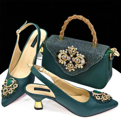 2024 Nigerian Women's Pink High Heel Frosted Crystal Shiny Rhinestone Party Italian Design Pointed Shoes And Bag Set