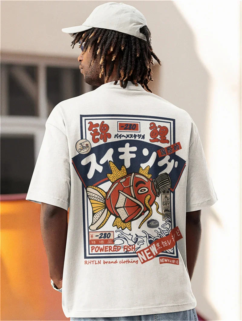 Hip Hop Streetwear Harajuku T-shirt Japanse Kanji Fish Print T-shirt 2024 Mannen Katoen Casual Korte Mouw T-shirt Japan Stijl