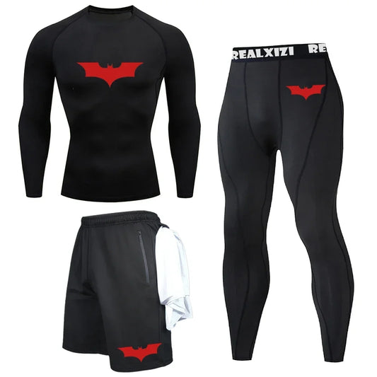 Bat Graphic Print Long Sleeve Set Men's Compression T-Shirt Shorts Pants Suit 3 Piece Set Spring Summer Gym Fitness Sportswear