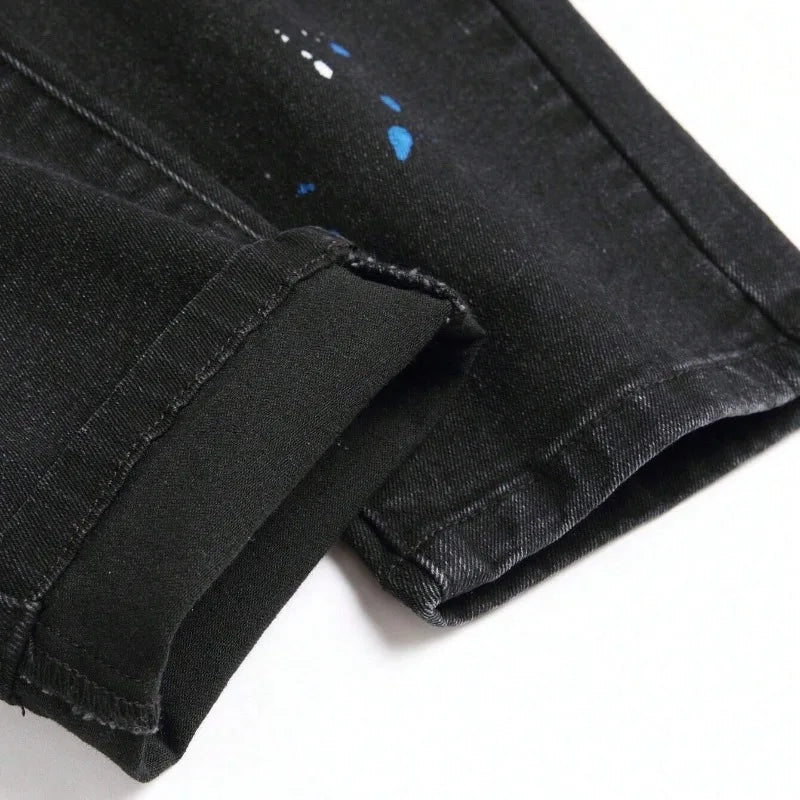 2025 Autumn New Stretch Jeans Fashionable Ripped Patchwork Slim European American Pants Male Paint Dot Hip Hop Denim Trousers