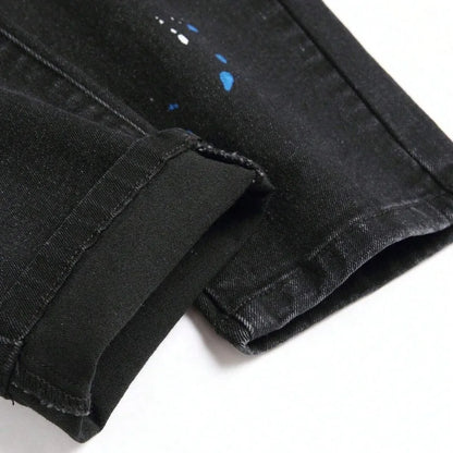 2025 Autumn New Stretch Jeans Fashionable Ripped Patchwork Slim European American Pants Male Paint Dot Hip Hop Denim Trousers