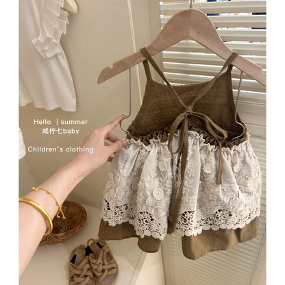 Summer Girls Casual Dresses with Hat Children's Clothing 2025 New Girls' Hollow Out Sleeveless Skirt Children's Lace Dress