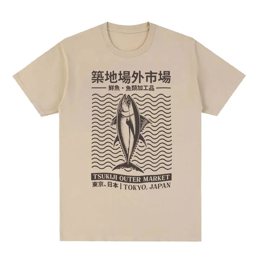 Tokyo Japan Tsukiji Outep Market Funny Meme T Shirts Japanese Fish Retro Harajuku T-shirt Men's Oversized Cotton Tees Streetwear