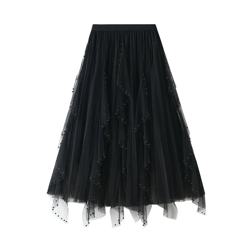 Women's Lotus Leaf Edge A Line Fairy Elastic Waist Tulle Skirt Midi High Waist Mesh Dress Solid Color Irregular Yarn Skirt D8808