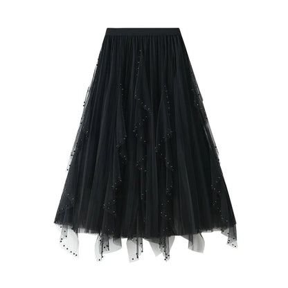 Women's Lotus Leaf Edge A Line Fairy Elastic Waist Tulle Skirt Midi High Waist Mesh Dress Solid Color Irregular Yarn Skirt D8808