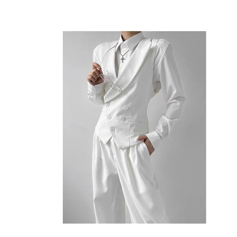 Men Vest Korean Simple Solid Turn Down Collar Sleeveless Man Waistcoat Slim Double-breasted Versatile Male Suit Vest