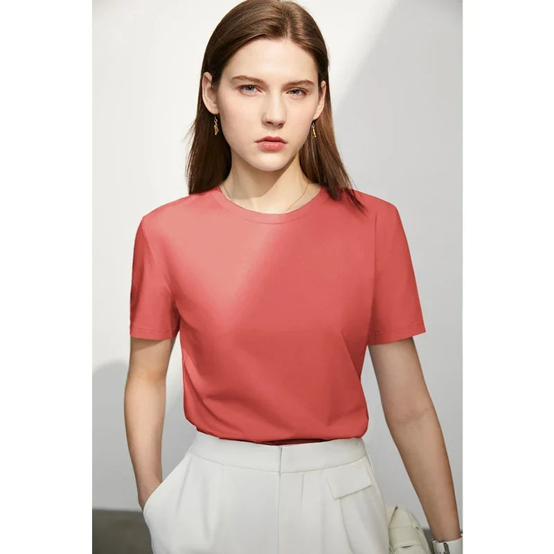 Minimalism Women T-shirts 2024 Summer New Casual Basic O-Neck Slim Short-sleeve Female Dopamine Color Solid Tees 12442327