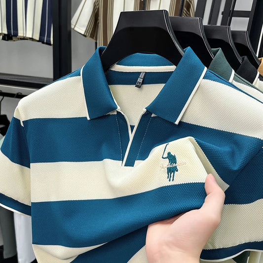 High End Embroidered Polo Shirt for Men, 2026 New Summer Striped Men's Short Sleeved T-shirt, Pure Cotton Lapel Half Sleeved Top