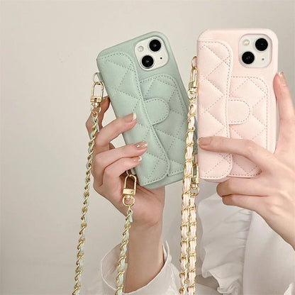 Crossbody Lanyard Wallet Phone Case For iPhone 15 14 13 16 Pro Max Card Holder Necklace Chain Luxury  Leather ( NO LOGO)