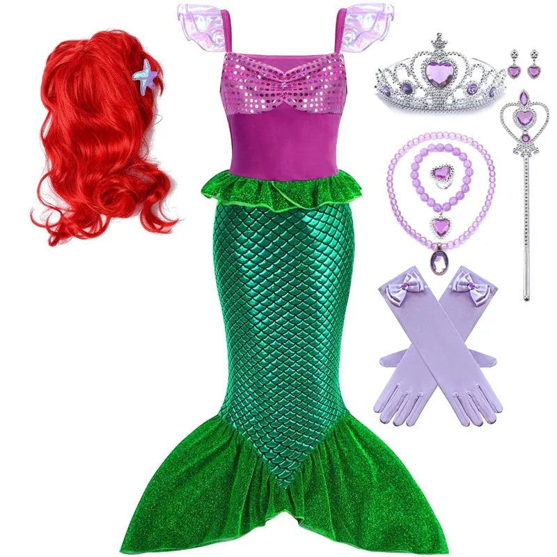 Girls Cosplay Disney Little Mermaid Ariel Prom Princess Costumes Kids Summer Casual Dress Halloween Birthday Party Dress Up 2025