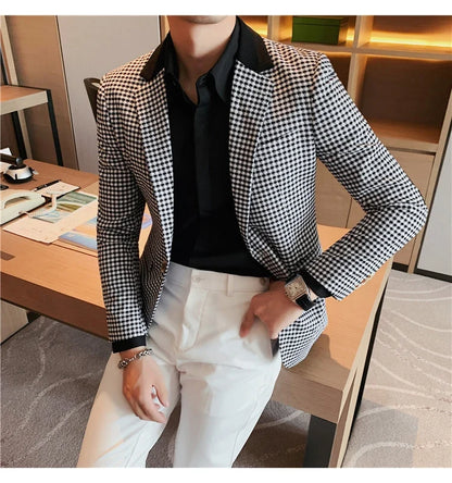 2024 Autumn Winter Korean  Houndstooth Blazer Jackets Fashion Color Matching Lapel Design Casual Men's Plaid Suit Coat Tuxedo