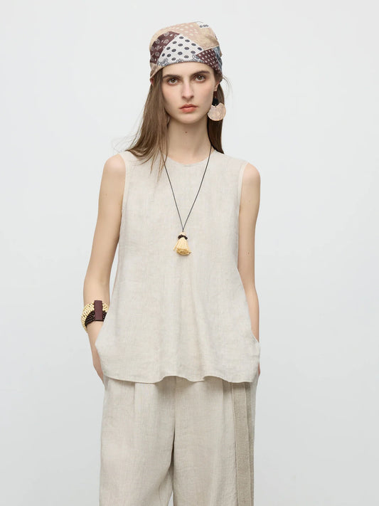 Sleeveless Round Neck Women's Shirt Subtle A Line Style 2025 Summer New Collection Shirts 25FE12079
