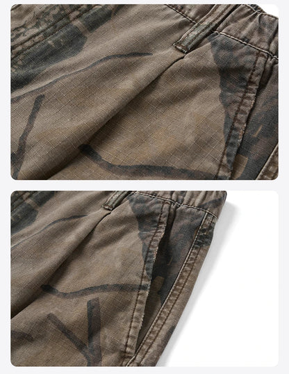 2026 Summer New Distressed Camouflage Shorts Men Loose Baggy Cargo Pants 270gsm Cotton Washed Frayed Hem Tactical Shorts
