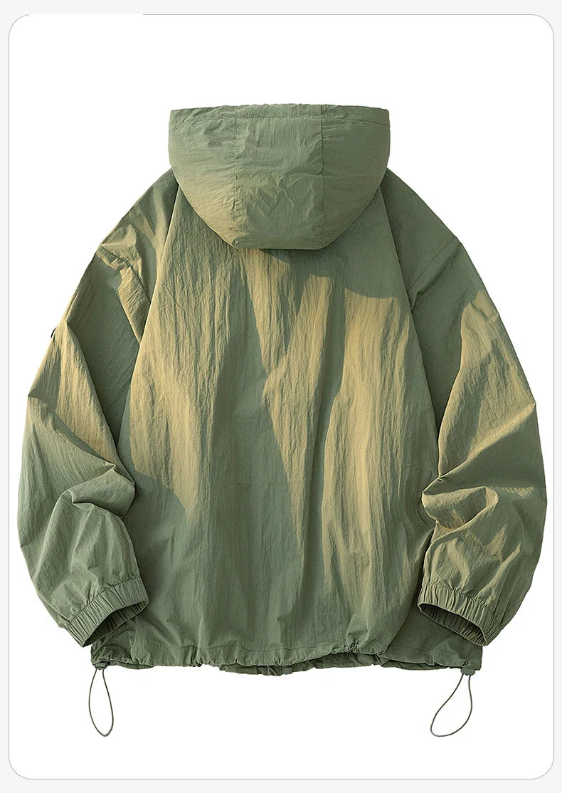 UPF50+ Men's Hooded Sunscreen Jacket Summer Ultra Thin Zipper Pocket Windbreaker Elastic Cuffs Outdoor Hiking Fishing Skin Coats