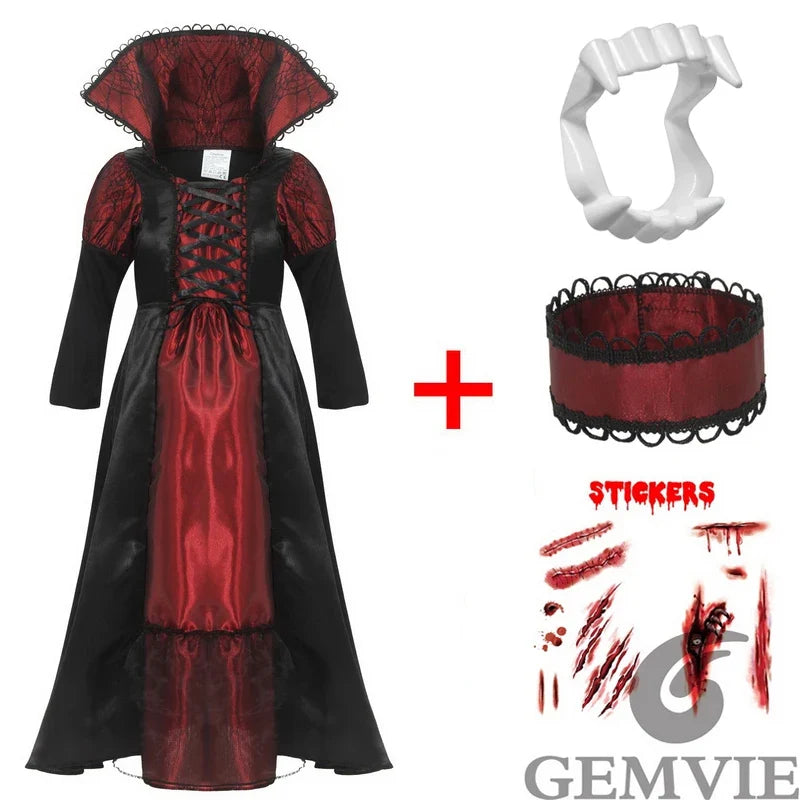 Girls Halloween Vampire Costume Adult Vampiress False Teeth Stickers Role Play Carnival Party Cosplay Outfits for Women