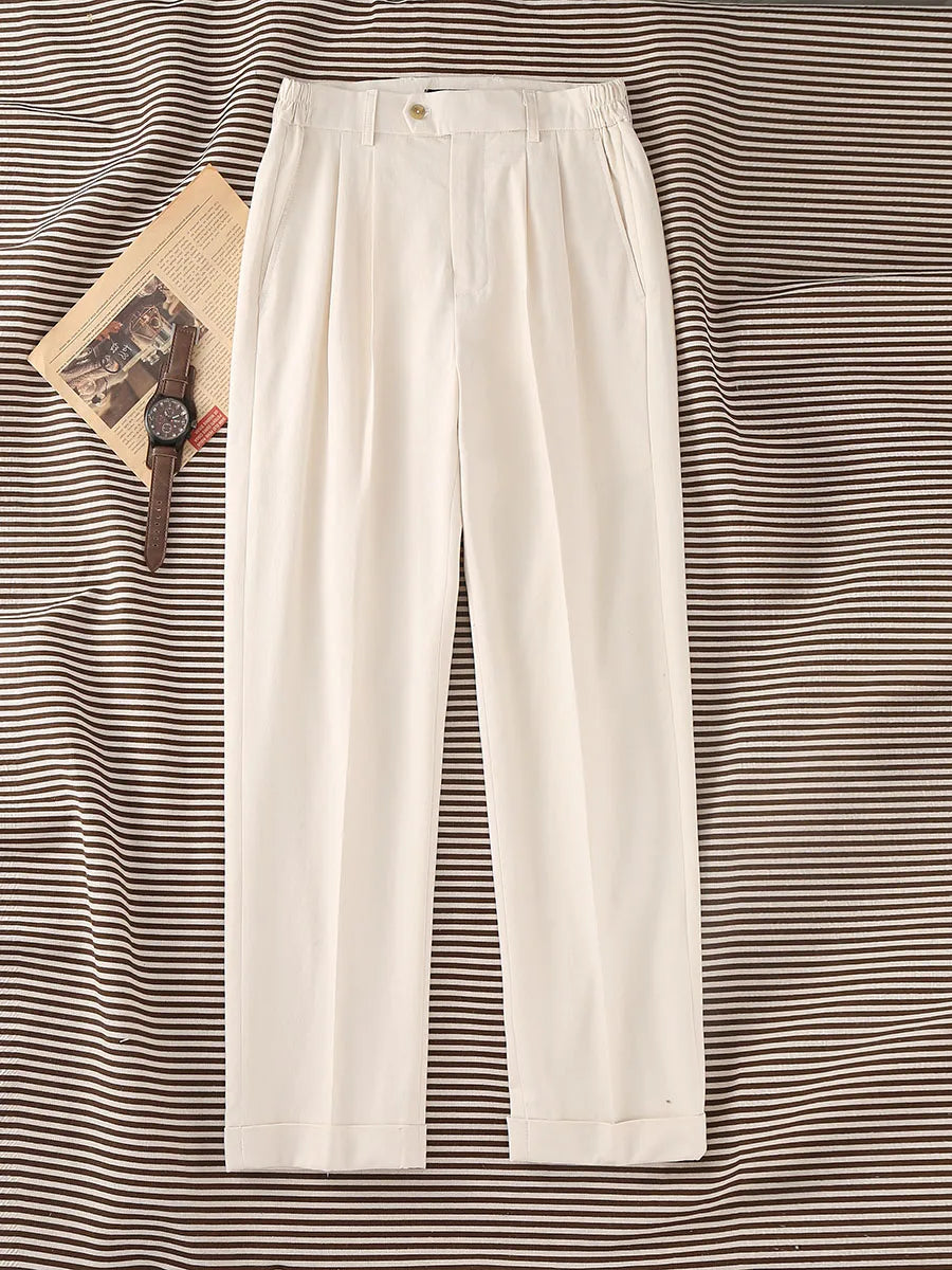 2026 Cotton-Linen Men's Casual Trousers | Old Money Beige Slim Straight Pants with Elastic Waist & 9/10 Cuff