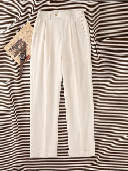 2026 Cotton-Linen Men's Casual Trousers | Old Money Beige Slim Straight Pants with Elastic Waist & 9/10 Cuff