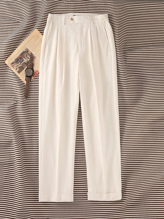 2026 Cotton-Linen Men's Casual Trousers | Old Money Beige Slim Straight Pants with Elastic Waist & 9/10 Cuff