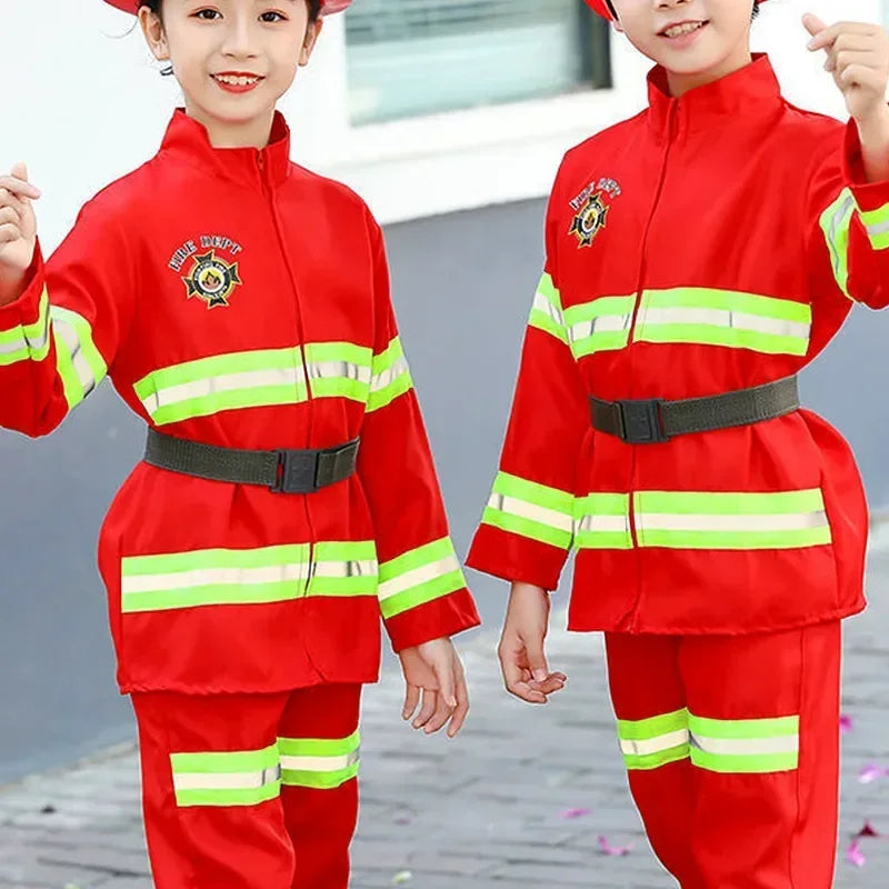 Kid Red Firefighter Costume with Reflective Stripes Zipper Suit Includes Fire Toy Set for Holiday Cosplay Dress Up Party Cosplay