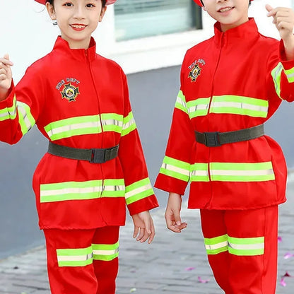 Kid Red Firefighter Costume with Reflective Stripes Zipper Suit Includes Fire Toy Set for Holiday Cosplay Dress Up Party Cosplay