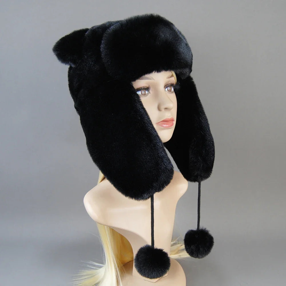 Hot Sale New Women False Rex  Rabbit False Fur Hat Winter Warm Fur Hat Black and White Panda Cute Color Artificial Hat