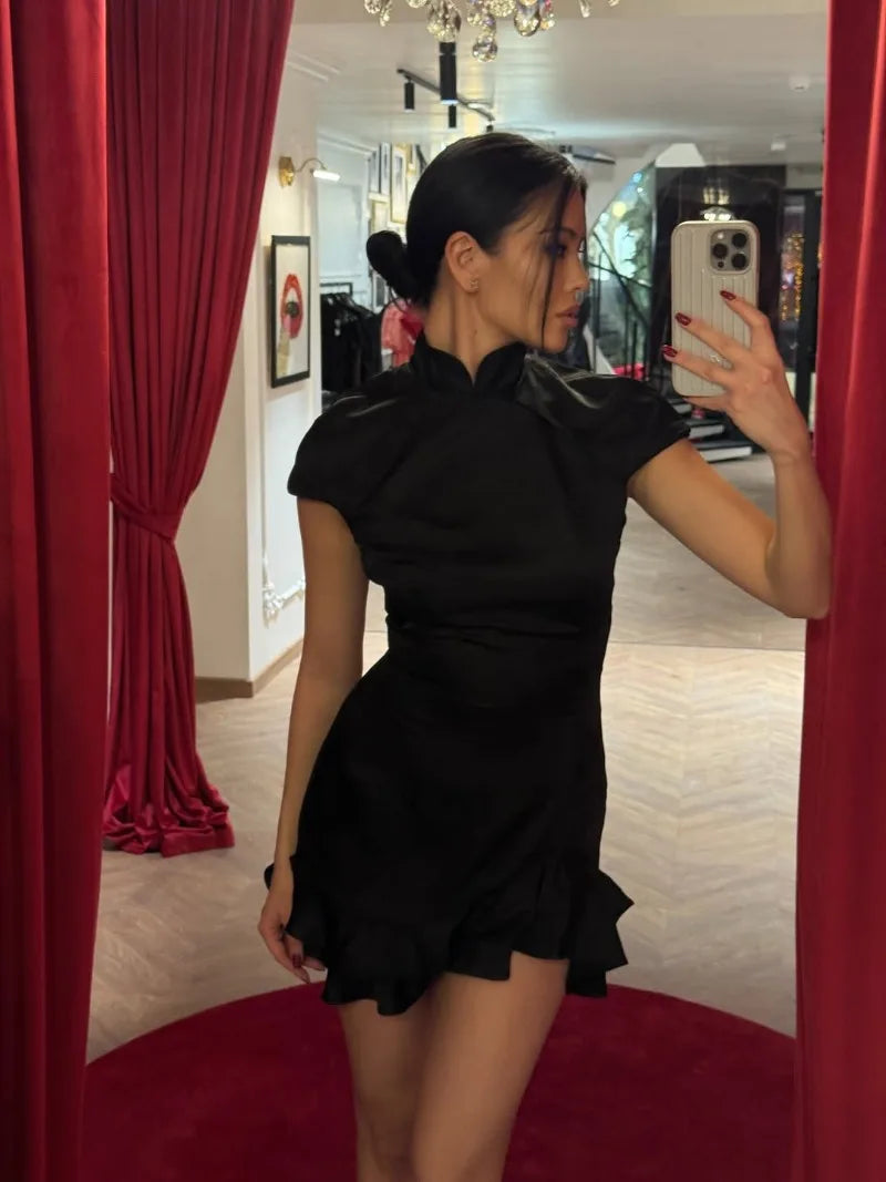 Women's Elegant Satin Evening Dress Fashion Stand Neck High Waist Slim Mini Dresses Party Sexy Short Sleeve Ruffle Dress
