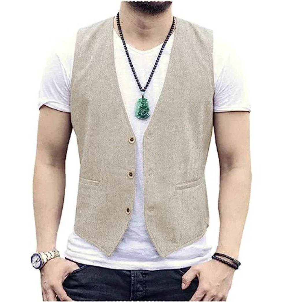 Men's Summer Linen Vest  V Neck Suit Waistcoat Casual Vest Regular Fit Men's Linen Vest