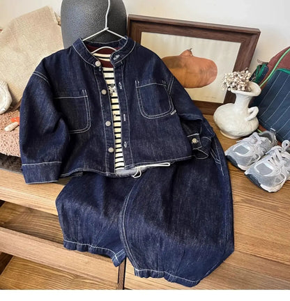 Korean Spring Autumn Sibling Costume Children's Loose Denim Jacket Jeans Suit Boys Girls Long Sleeve Top and Bottom 2 Pcs Set