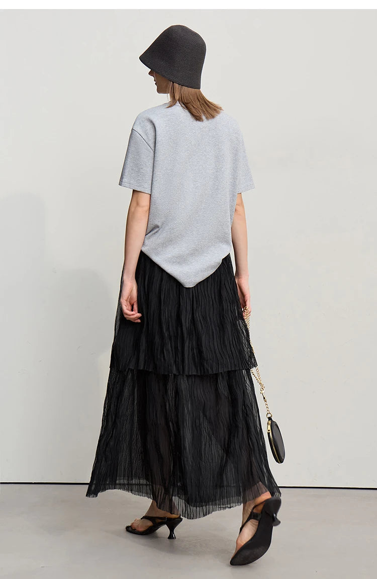 Long Skirt 2026 Spring New Casual Vacation Waist Pleated Mesh Long Skirt Women Loose Solid Versatile Woman Clothes 12621001