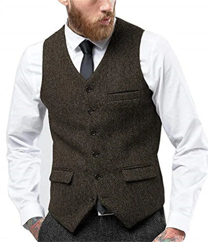 Herringbone Vest for Men Wool Tweed Waistcoat for Groom Groomsman Formal Single Breasted Males Plus Size Dress Suit Vest