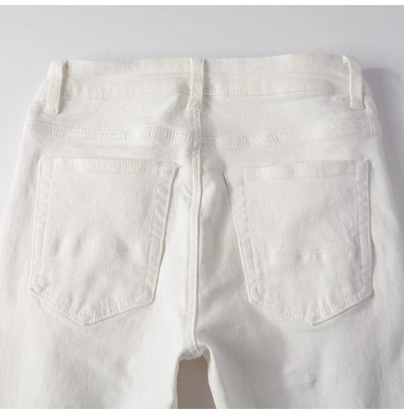 Men's White Stretch Ripped Biker Jeans Slim Skinny Pleated Patchwork Denim Pants