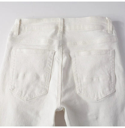 Men's White Stretch Ripped Biker Jeans Slim Skinny Pleated Patchwork Denim Pants