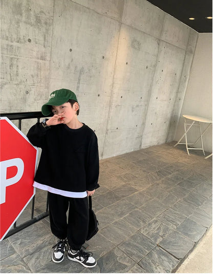 Spring Autumn Baby Boys Plain Patchwork Sweatshirt+Sweatpant School Kids 2PCS Tracksuit Child Jogger Outfit Workout Set 1-12Yr