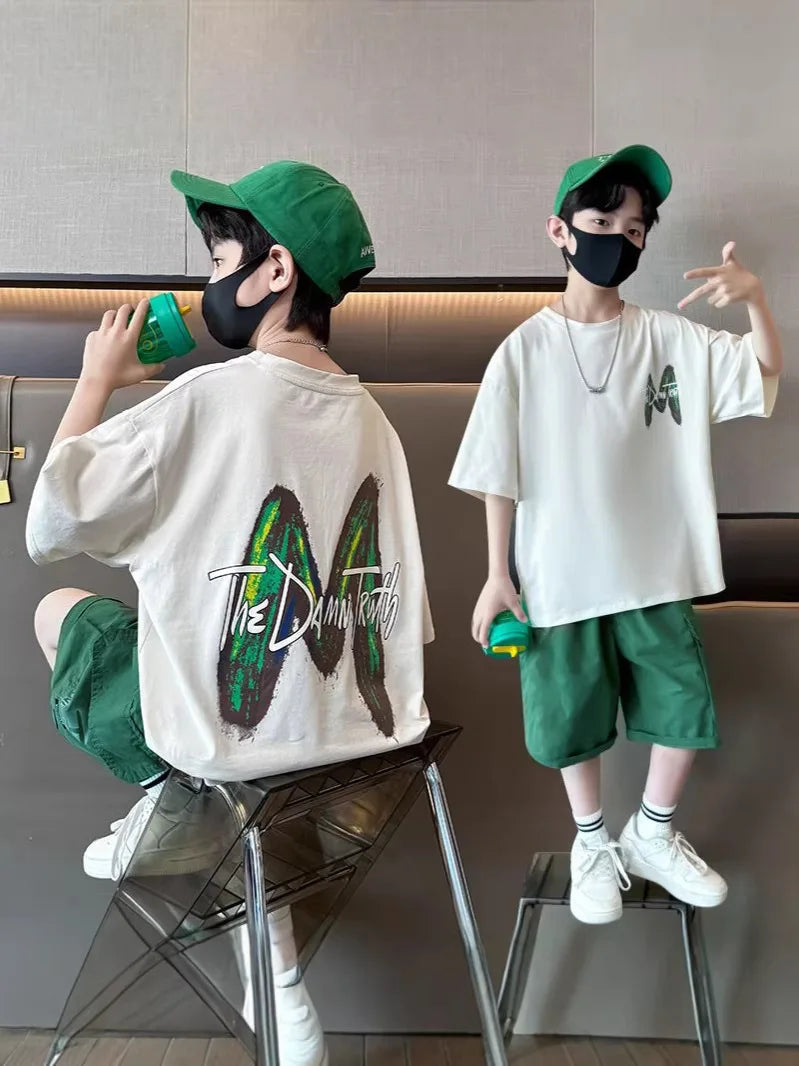 Summer Boys Cotton Leisure Loose Contrast Alphabet T-Shirt Top+Shorts Pant Set School Kids 2PCS Tracksuit Children Outfit 5-16Yr