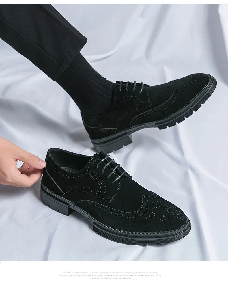 Leather Brock carved business dress shoes for men round head lace-up casual shoes
