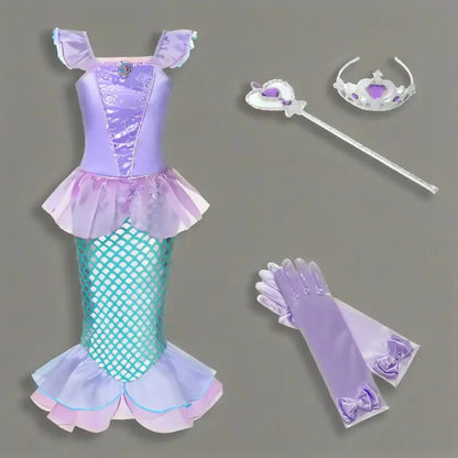 2025 Girls Mermaid Dress Princess Cosplay Party Costumes Summer Purple Elegant Flying Sleeve Fancy Dresses For 2-10Y Kids