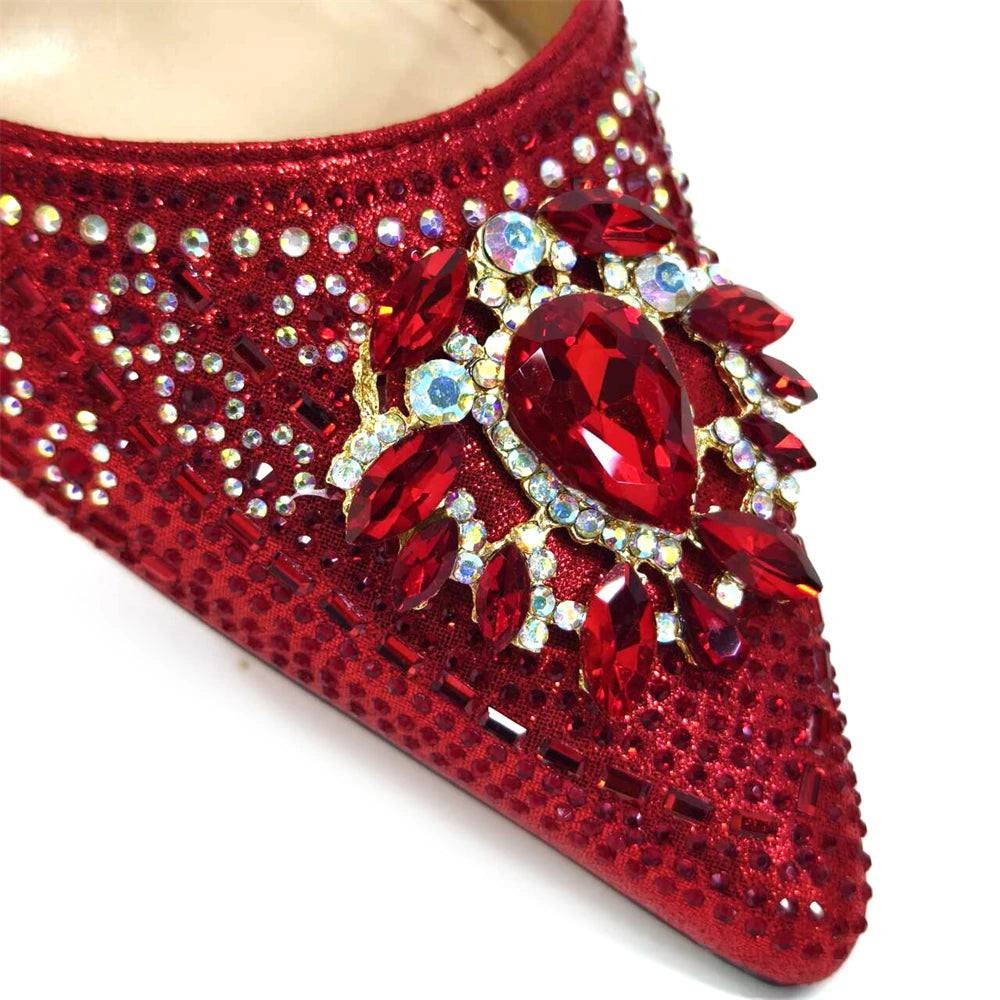 2024 Latest Wedding Pointed Toe Women's Shoes High Heel Black Color Rhinestones italian shoes and bags matching set