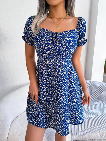 Women Casual Square Neck Flare Short Sleeve Floral Dress Elegant A Line Dress for Spring Summer 2026 Fashion Woman Clothing