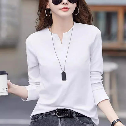 Spring and Autumn All Seasons Women's Long sleeved T-shirt Wine Red Pure Cotton New Fashion Large V-neck Slim fit Casual Top 3XL